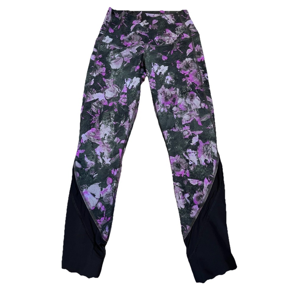 Lululemon Womens 4 Wunder Under Crop High Rise Scalloped Hem Black Purple Floral